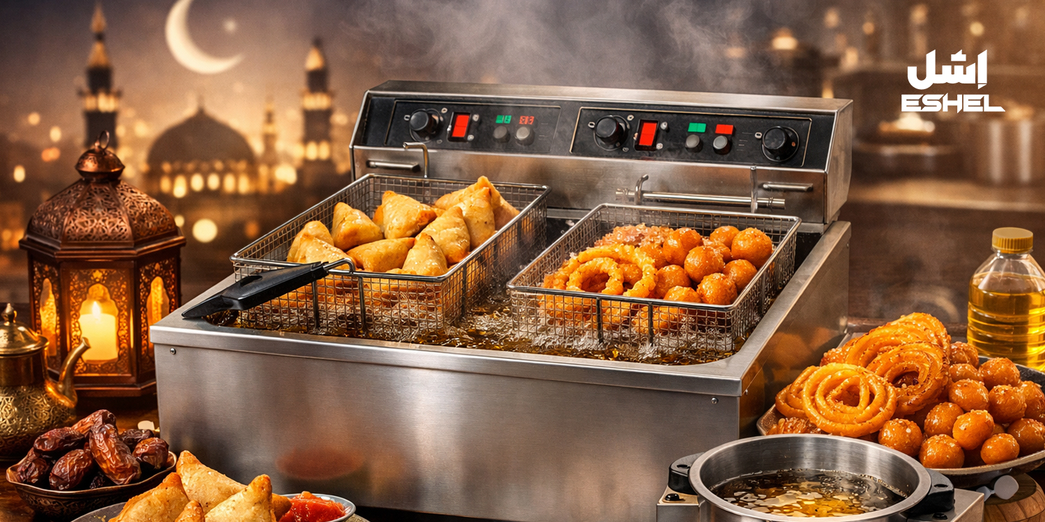 منوی افطار حرفه‌ای با سرخ‌کن صنعتی: سمبوسه، زولبیا و بامیه با کیفیت بالا